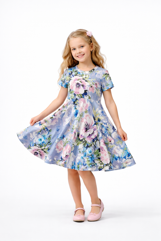 A light blue short-sleeved dress for little girls with a floral print featuring pink, white, blue, and green flowers. The dress has a full twirling skirt and a round neckline. size for ages 12 months to 12 years old.