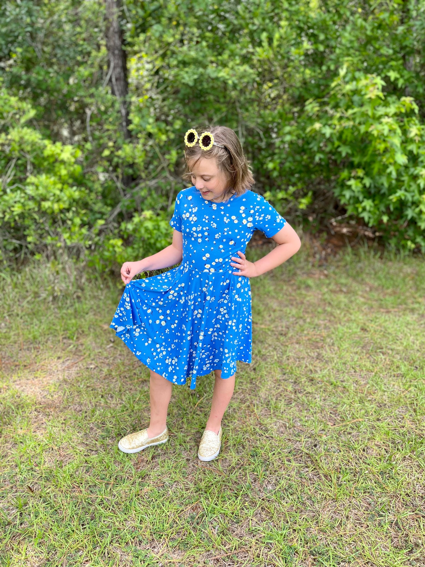Lily Twirl Dress in Ocean Blue Daisies