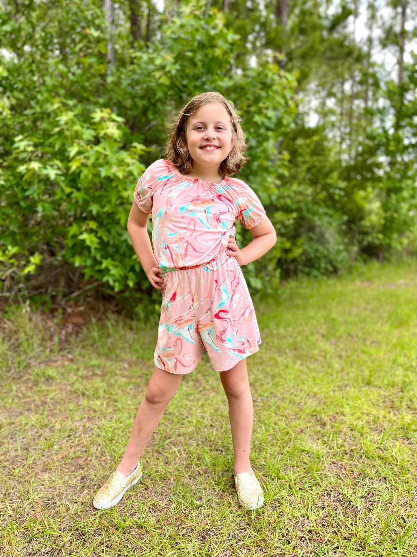 Eden Romper with Shorts in Marble Pink