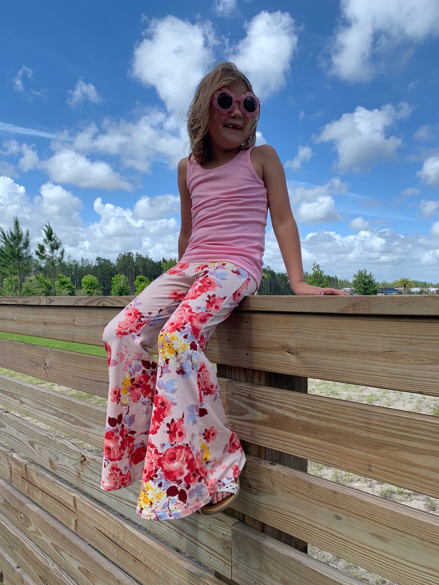 Bell Bottom Pants Floral Pink Print Girls