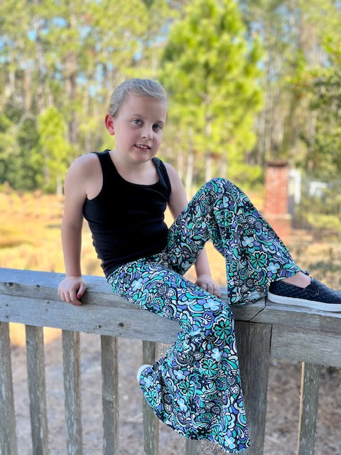 Bell Bottom Pants in Green/Lavender Floral Print Girls