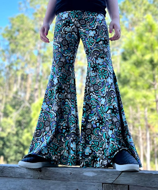 Bell Bottom Pants in Green/Lavender Floral Print Girls