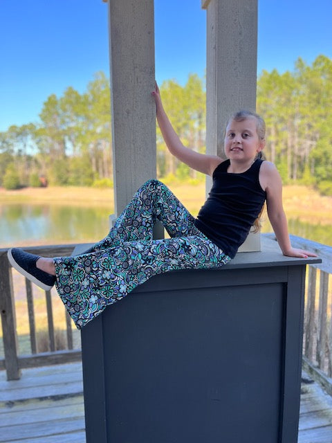 Bell Bottom Pants in Green/Lavender Floral Print Girls