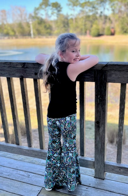 Bell Bottom Pants in Green/Lavender Floral Print Girls