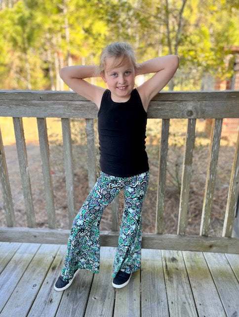 Bell Bottom Pants in Green/Lavender Floral Print Girls