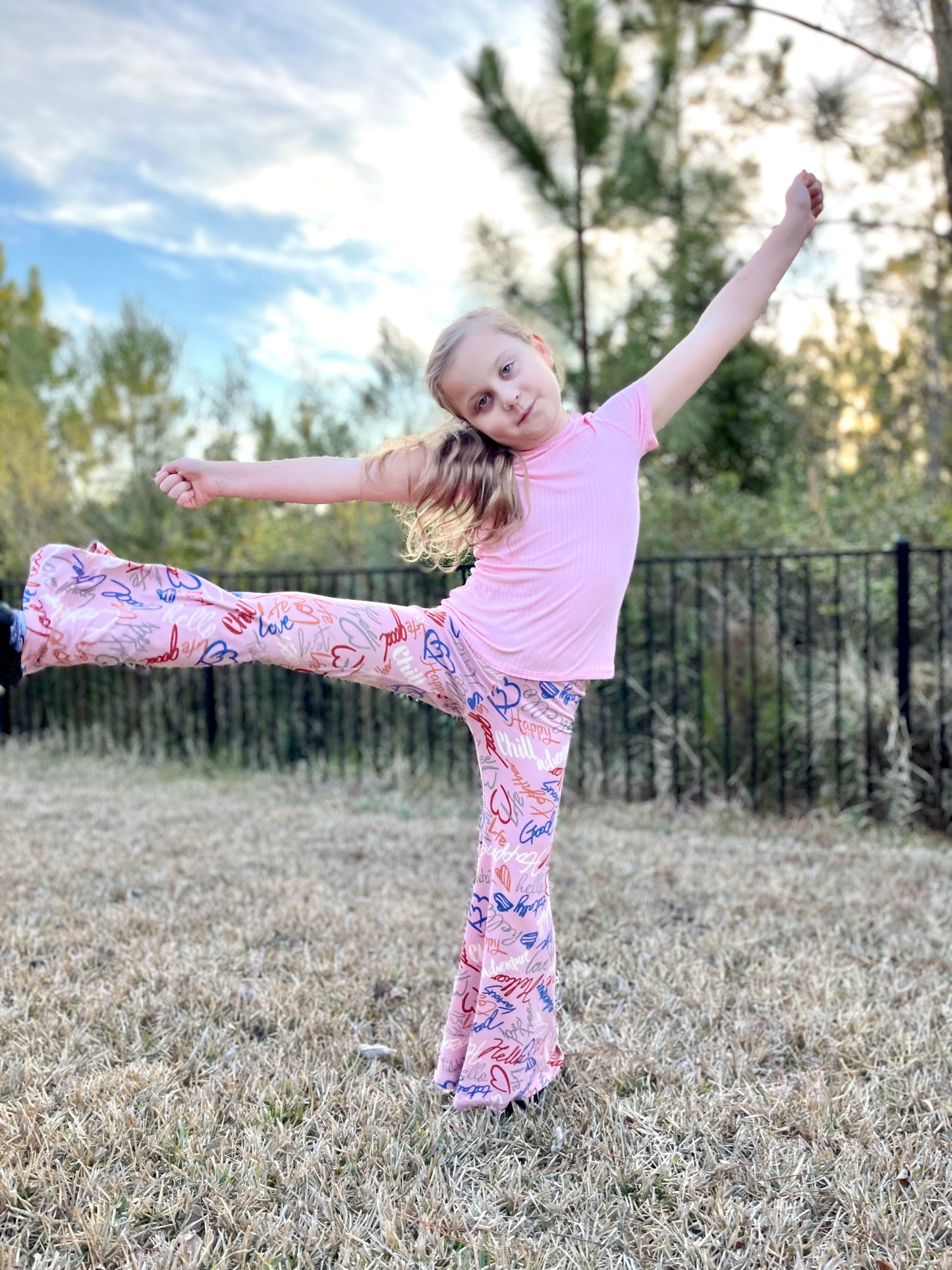 Bell Bottom Pants in Pink Print Girls