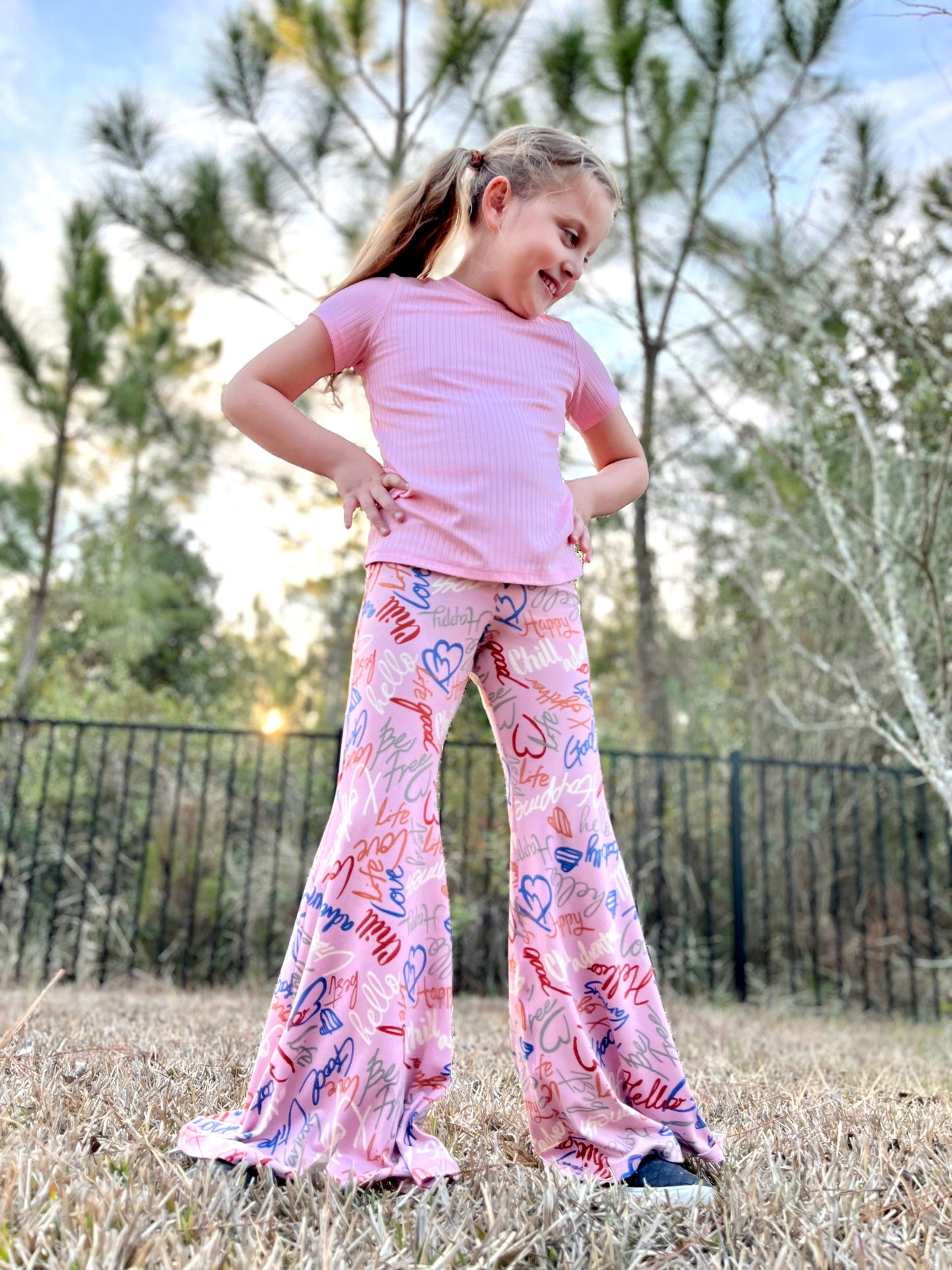 Bell Bottom Pants in Pink Print Girls