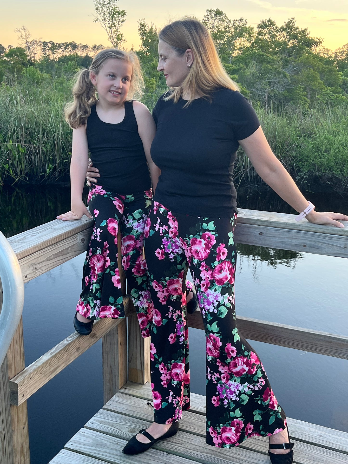Mommy and Me Bell Bottom Pants in Black Floral Print
