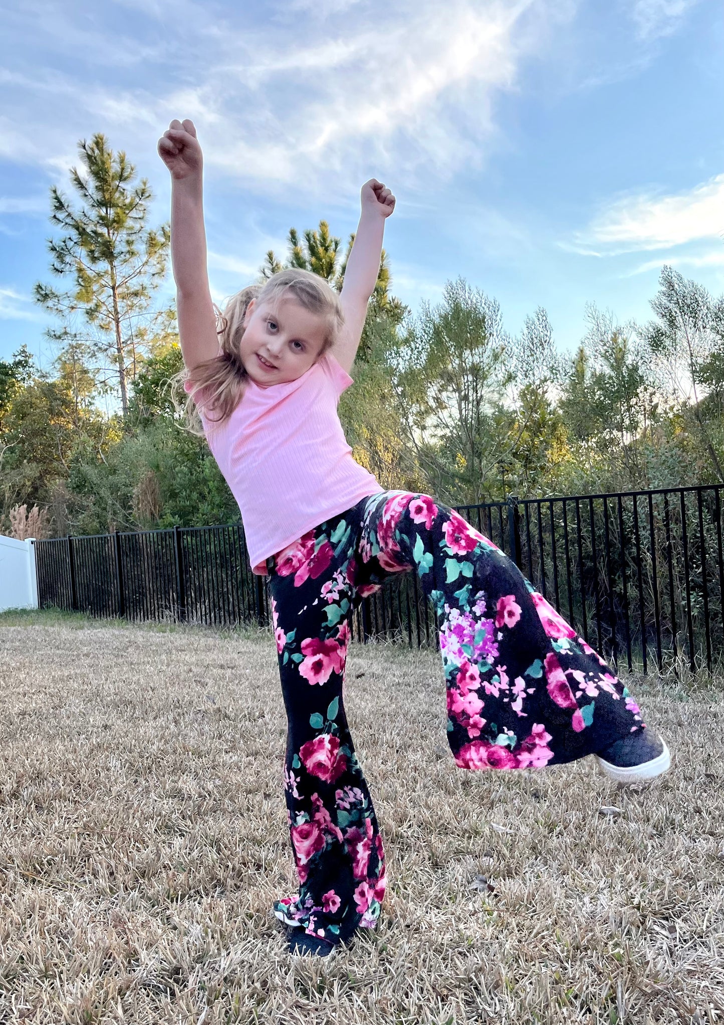 Bell Bottom Pants in Black Floral Print Girls