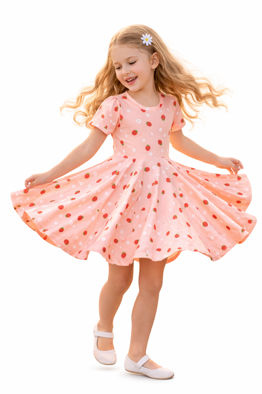 Twirl Dress in Pink Strawberries Print