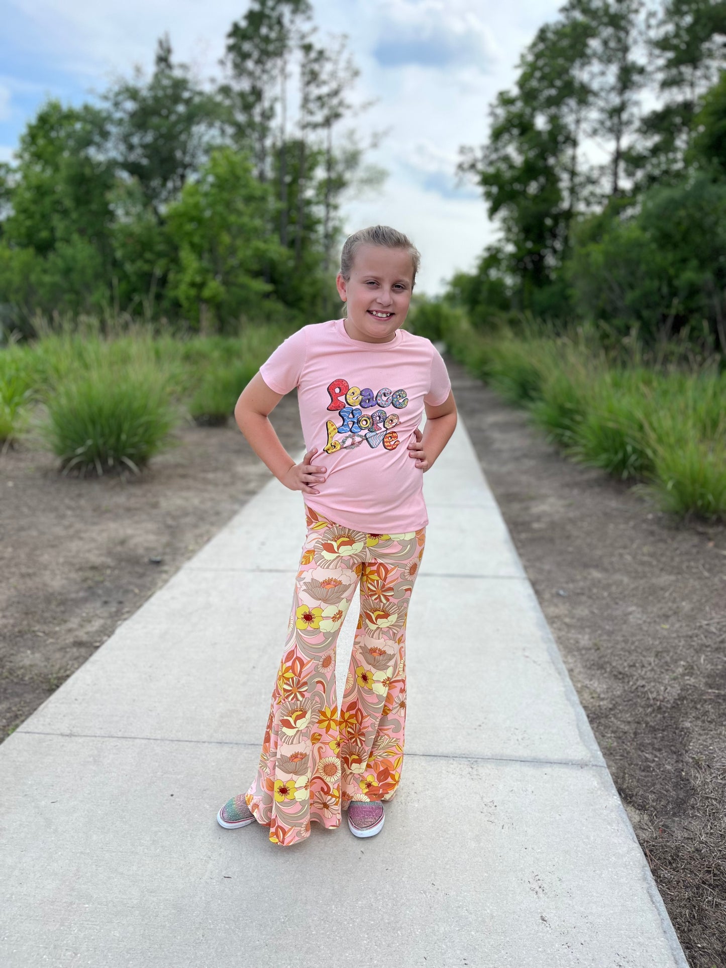 Bell Bottom Pants for Girls in Pink Floral