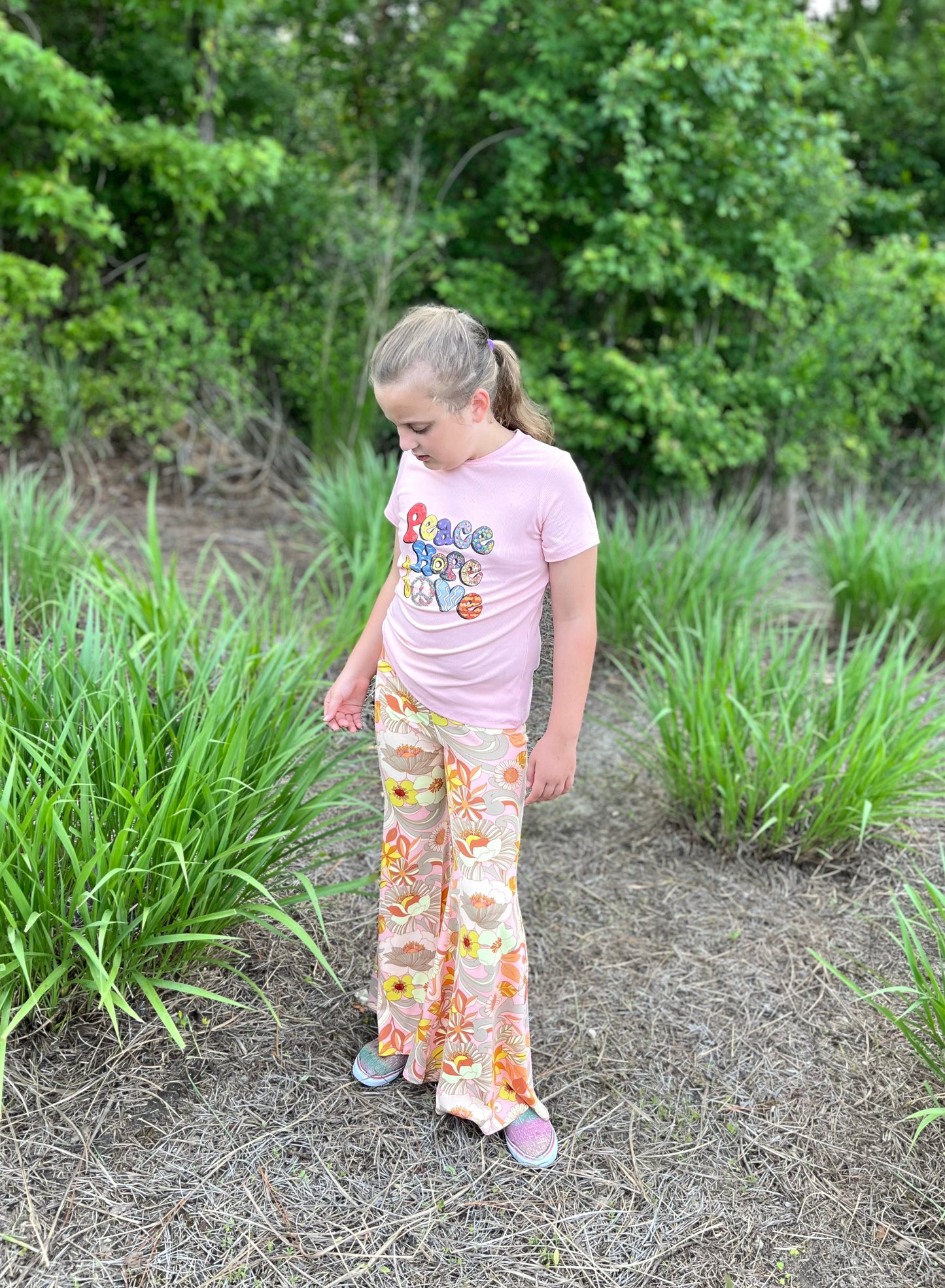 Bell Bottom Pants for Girls in Pink Floral