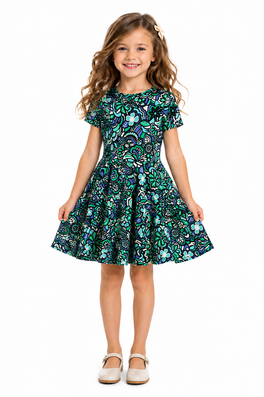 Twirl Dress in green lavender floral print