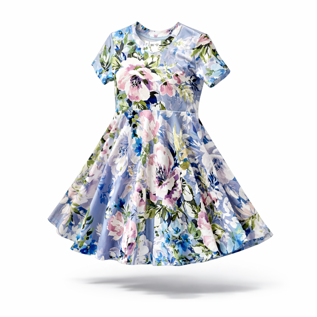 A light blue short-sleeved dress for little girls with a floral print featuring pink, white, blue, and green flowers. The dress has a full twirling skirt and a round neckline. size for ages 12 months to 12 years old. 