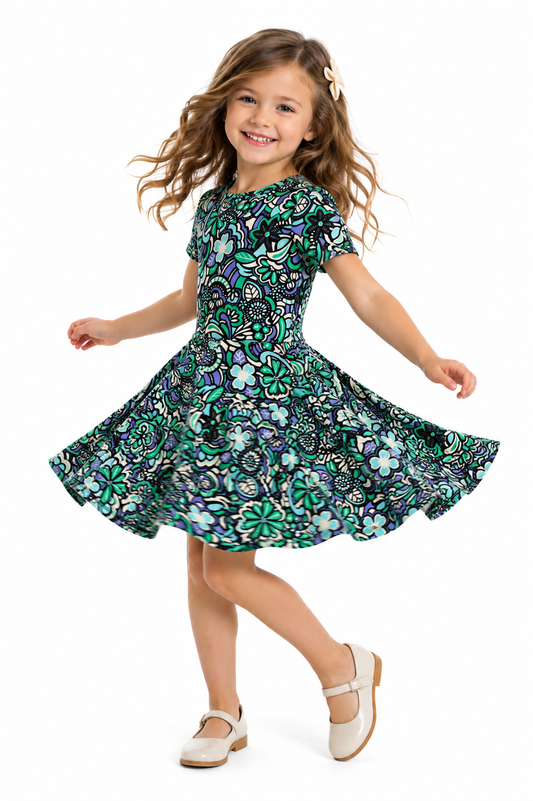 Twirl Dress in green lavender floral print