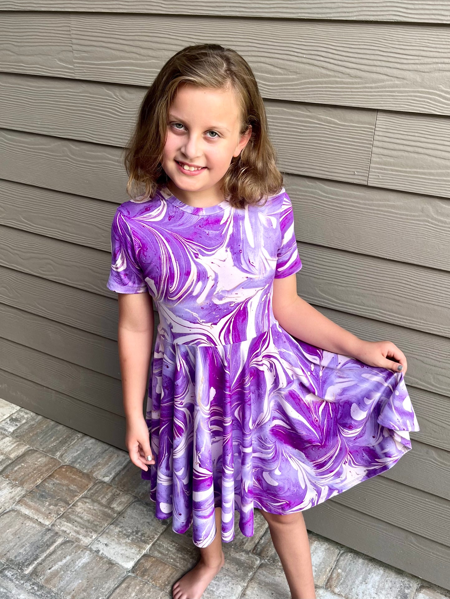 Lily Twirl Dress in Purple Marble Print