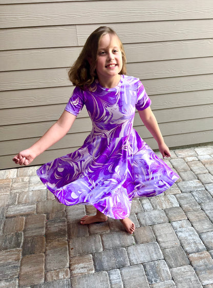 Lily Twirl Dress in Purple Marble Print
