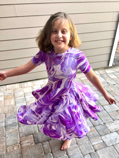 Lily Twirl Dress in Purple Marble Print