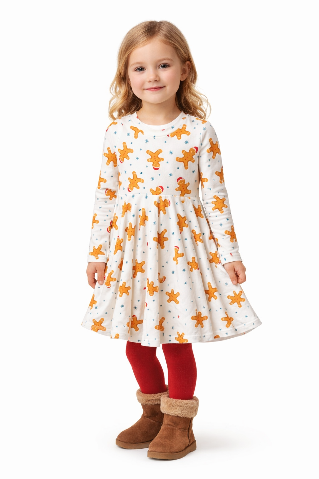 A long-sleeved, cream-colored dress for little girls age 12 months to 10 years old featuring a repeating pattern of gingerbread men wearing red hats and blue stars. The dress has a flared skirt and is designed for children. Festive and holiday-themed. Christmas dress