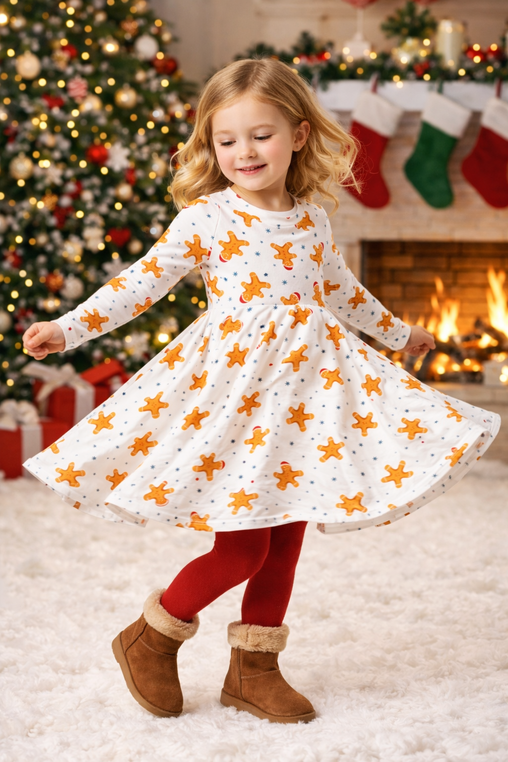 A long-sleeved, cream-colored dress for little girls age 12 months to 10 years old featuring a repeating pattern of gingerbread men wearing red hats and blue stars. The dress has a flared skirt and is designed for children. Festive and holiday-themed. Christmas dress