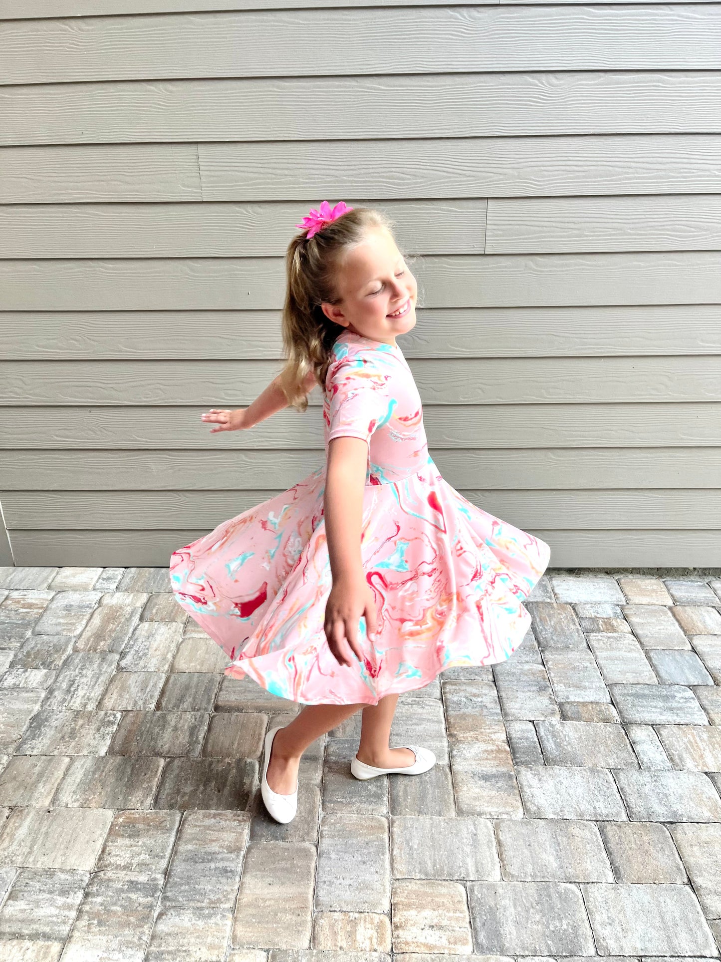 Lily Twirl Dress in Pink Marble Print