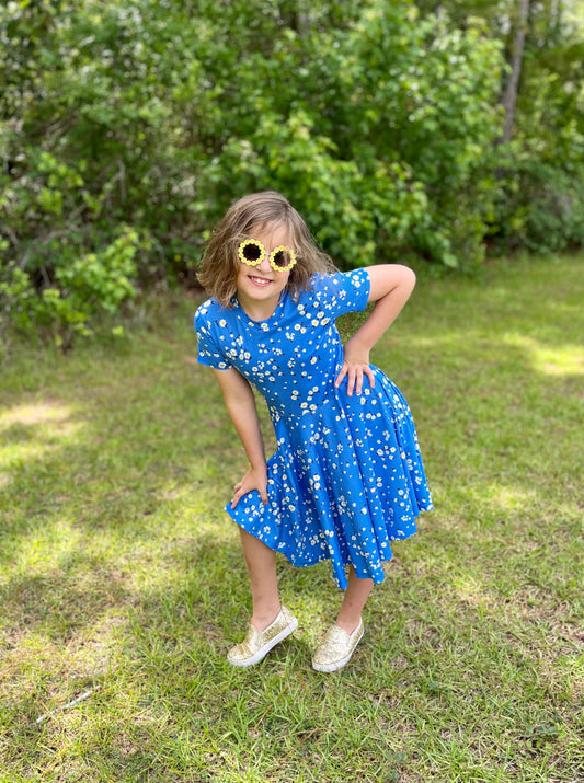 Lily Twirl Dress in Ocean Blue Daisies