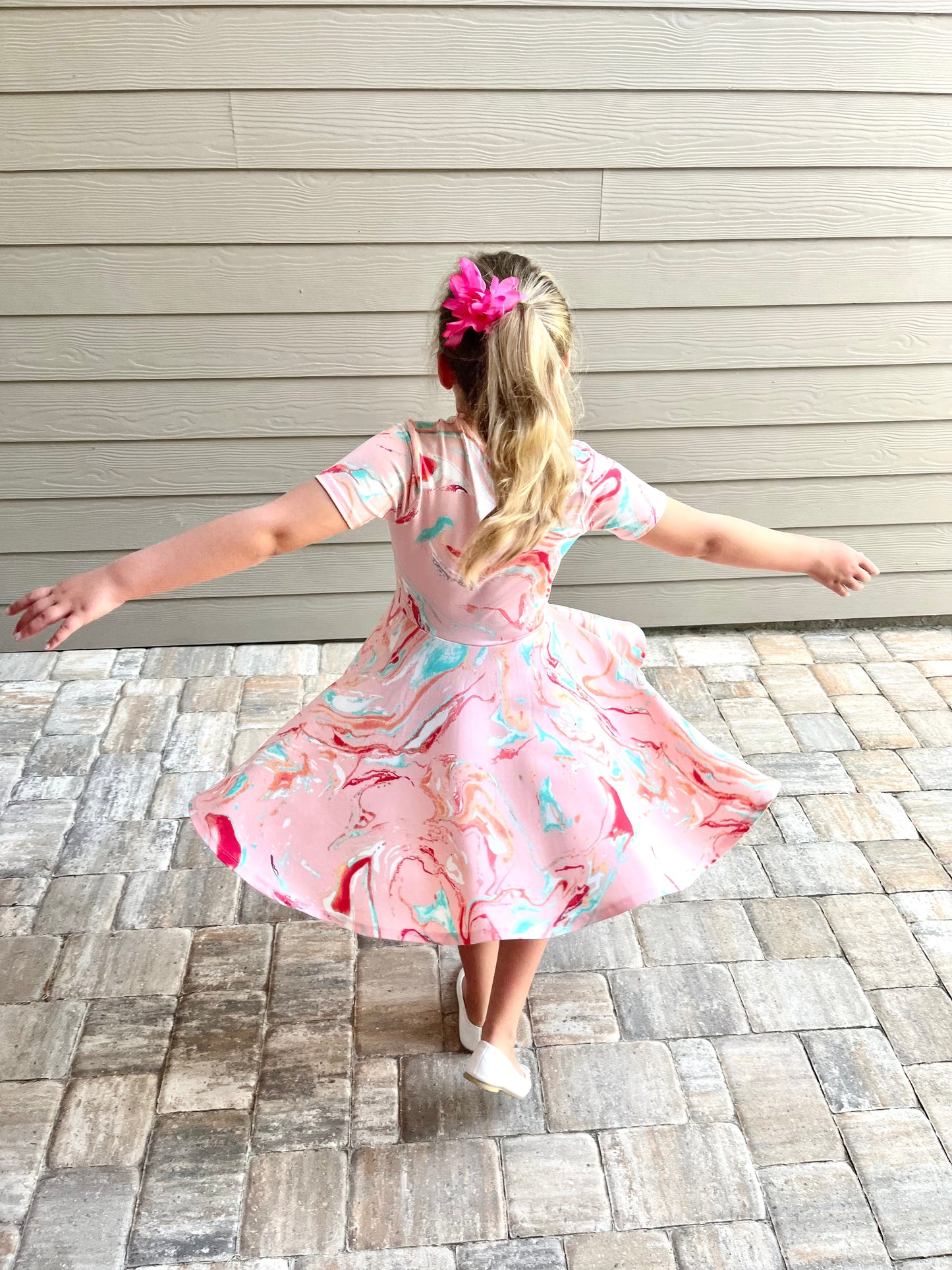 Lily Twirl Dress in Pink Marble Print