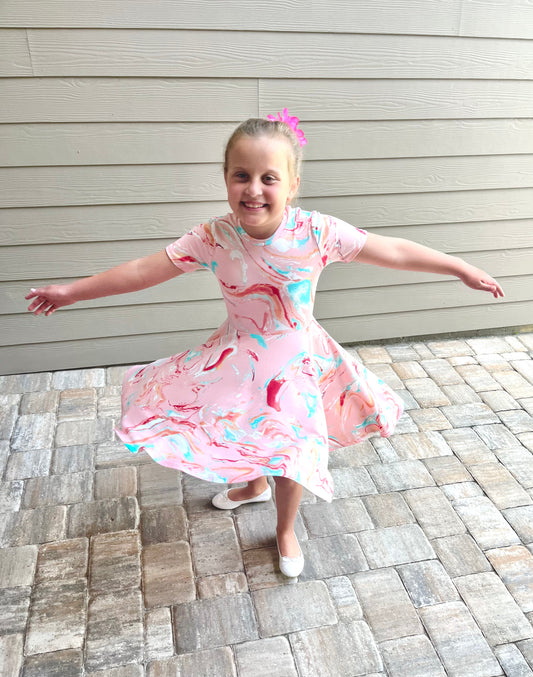 Lily Twirl Dress in Pink Marble Print