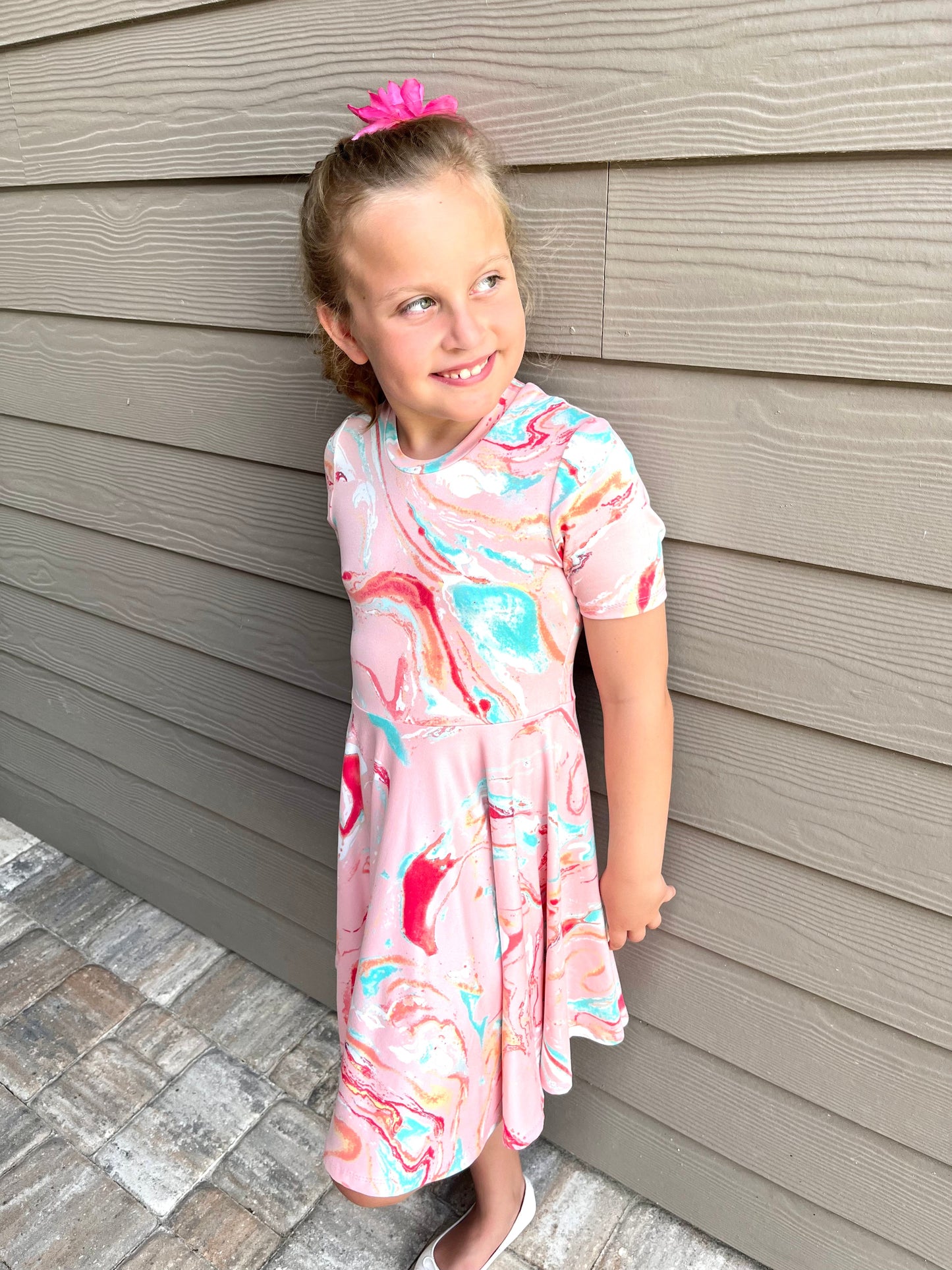 Lily Twirl Dress in Pink Marble Print