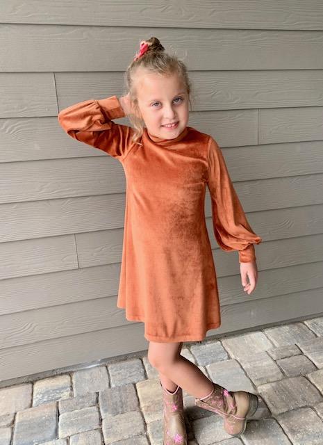 Olivia Velour Dress in Fall Rust Color