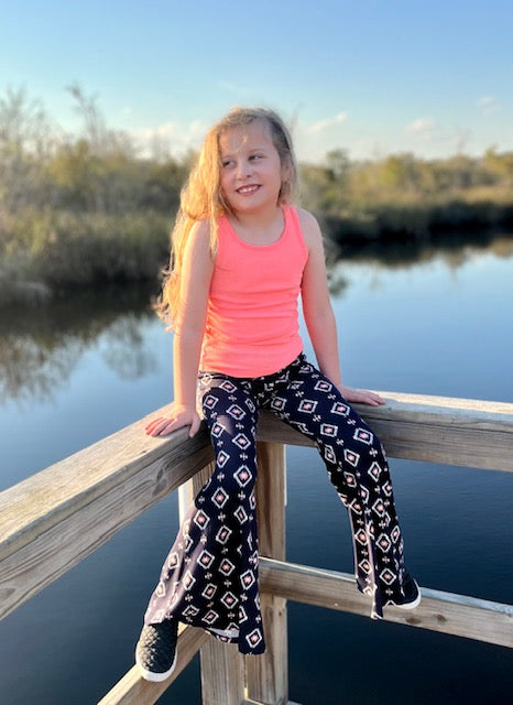 Bell Bottom Pants in Navy/Peach Print Girls
