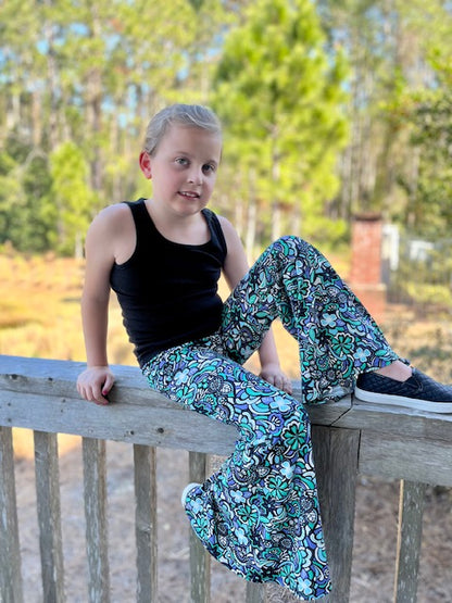Bell Bottom Pants in Green/Lavender Floral Print Girls
