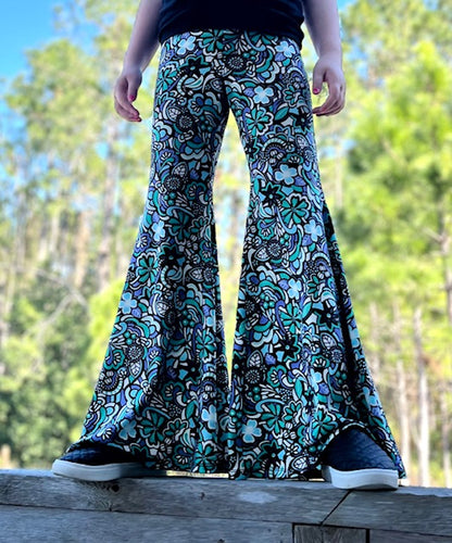 Bell Bottom Pants in Green/Lavender Floral Print Girls