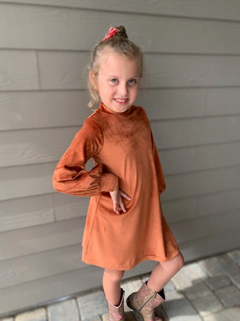 Olivia Velour Dress in Fall Rust Color