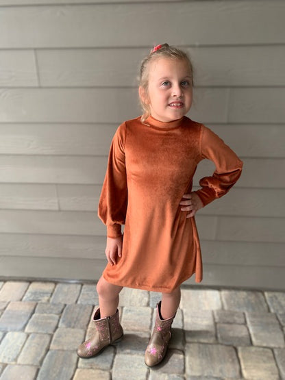 Olivia Velour Dress in Fall Rust Color