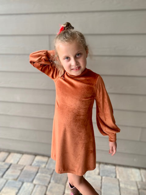 Olivia Velour Dress in Fall Rust Color