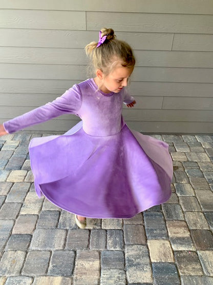 Lily  Velour Twirl Dress in Lavender Color