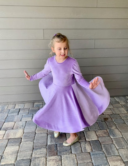 Lily  Velour Twirl Dress in Lavender Color