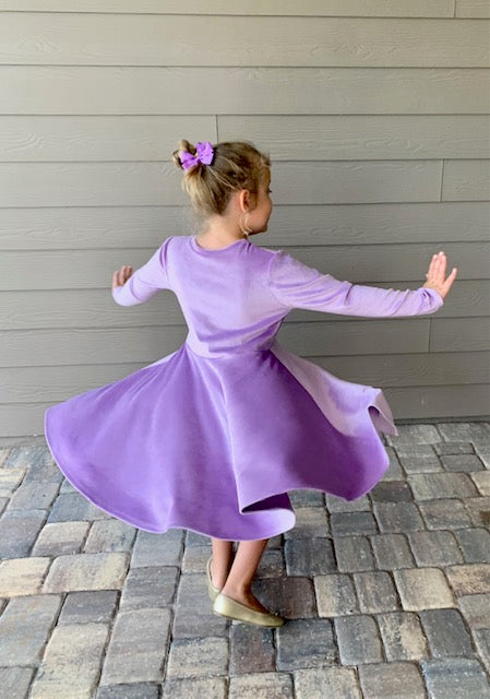 Lily  Velour Twirl Dress in Lavender Color