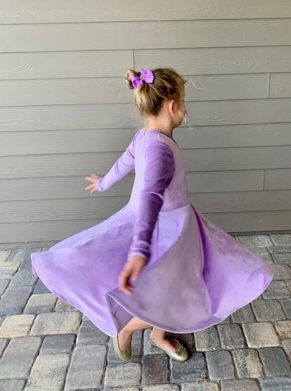Lily  Velour Twirl Dress in Lavender Color