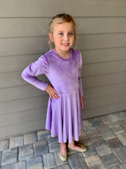 Lily  Velour Twirl Dress in Lavender Color
