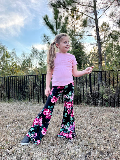 Bell Bottom Pants in Black Floral Print Girls