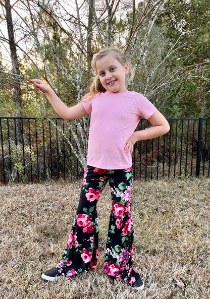 Bell Bottom Pants in Black Floral Print Girls
