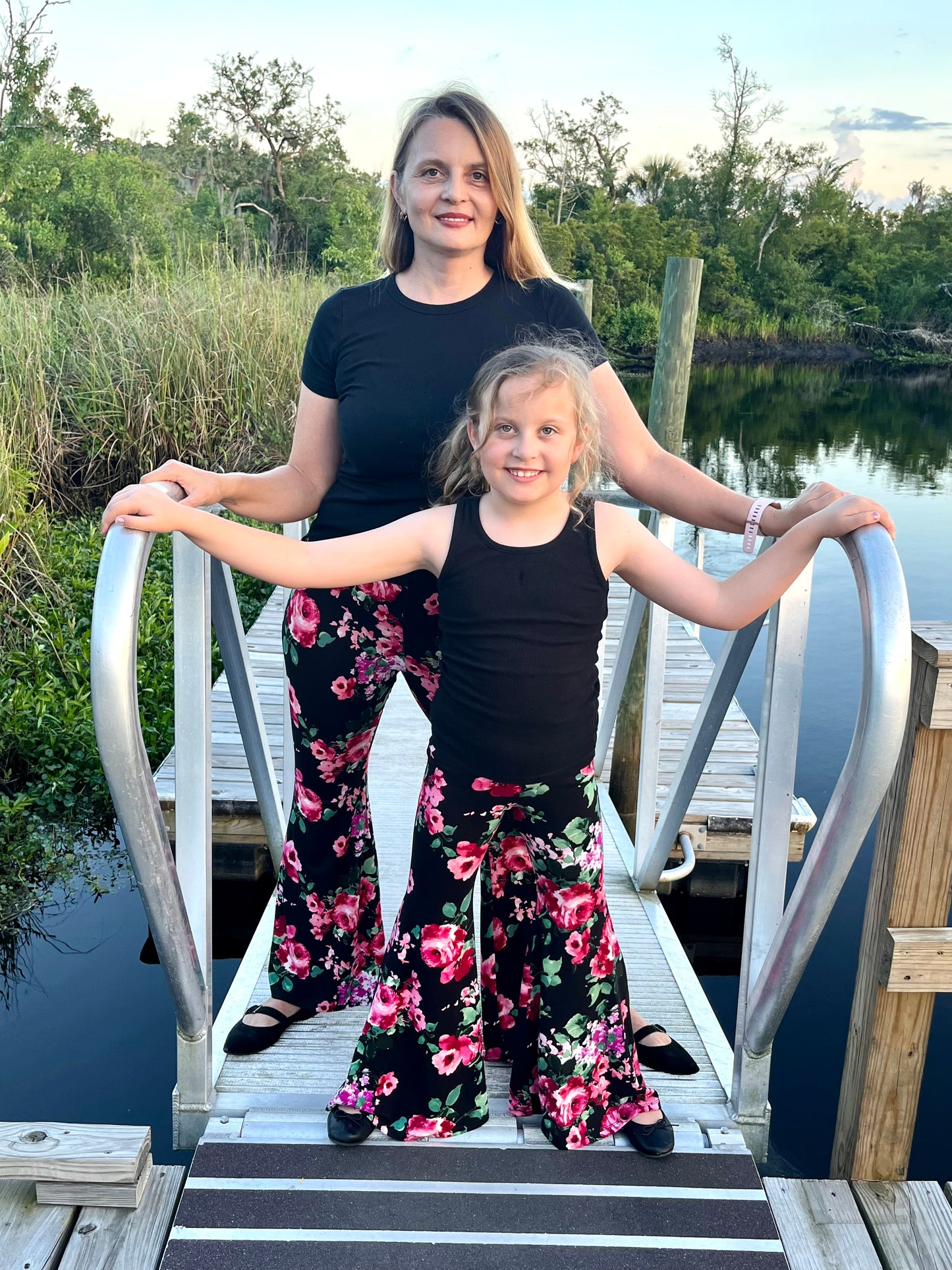 Mommy and Me Bell Bottom Pants in Black Floral Print