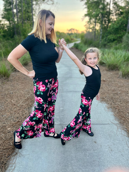 Mommy and Me Bell Bottom Pants in Black Floral Print