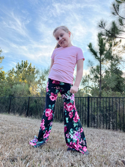 Bell Bottom Pants in Black Floral Print Girls